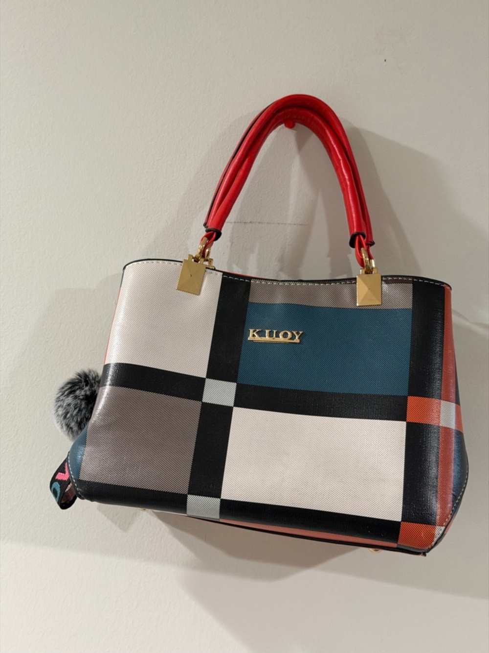 Colorblock Plaid Satchel with Red Handles